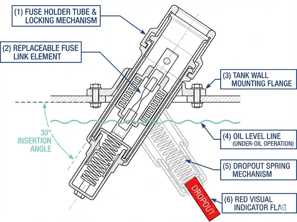 Coupe transversale de l'assemblage de fusibles Bay-O-Net montrant le tube porte-fusible, le lien remplaçable, le ressort de suspension et le montage sous l'huile.