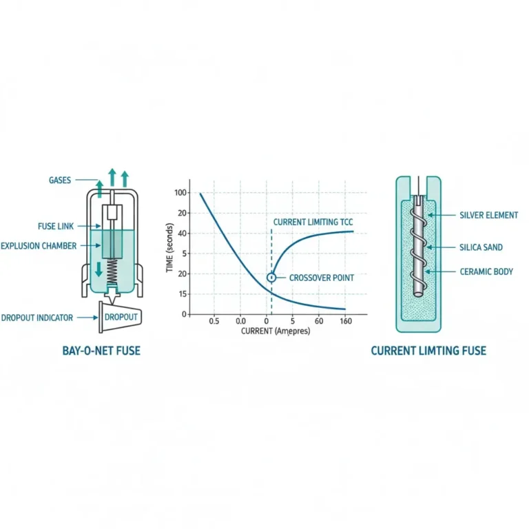 Bay-O-Net fuse and current limiting fuse coordination diagram showing TCC crossover for transformer protection systems
