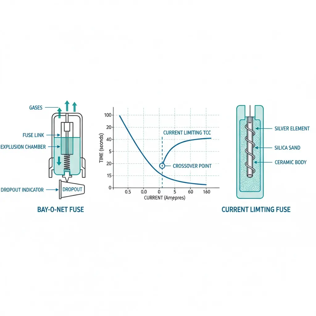 Schéma de coordination des fusibles Bay-O-Net et des fusibles limiteurs de courant montrant le croisement TCC pour les systèmes de protection des transformateurs