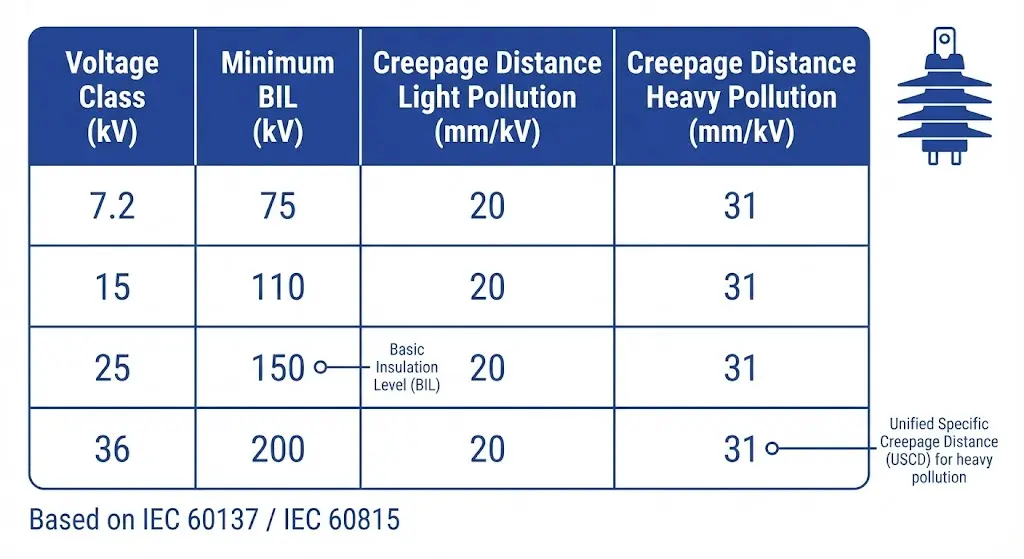 Bushing selection chart showing voltage class 7.2 to 36 kV with BIL ratings and creepage distances for light and heavy pollution