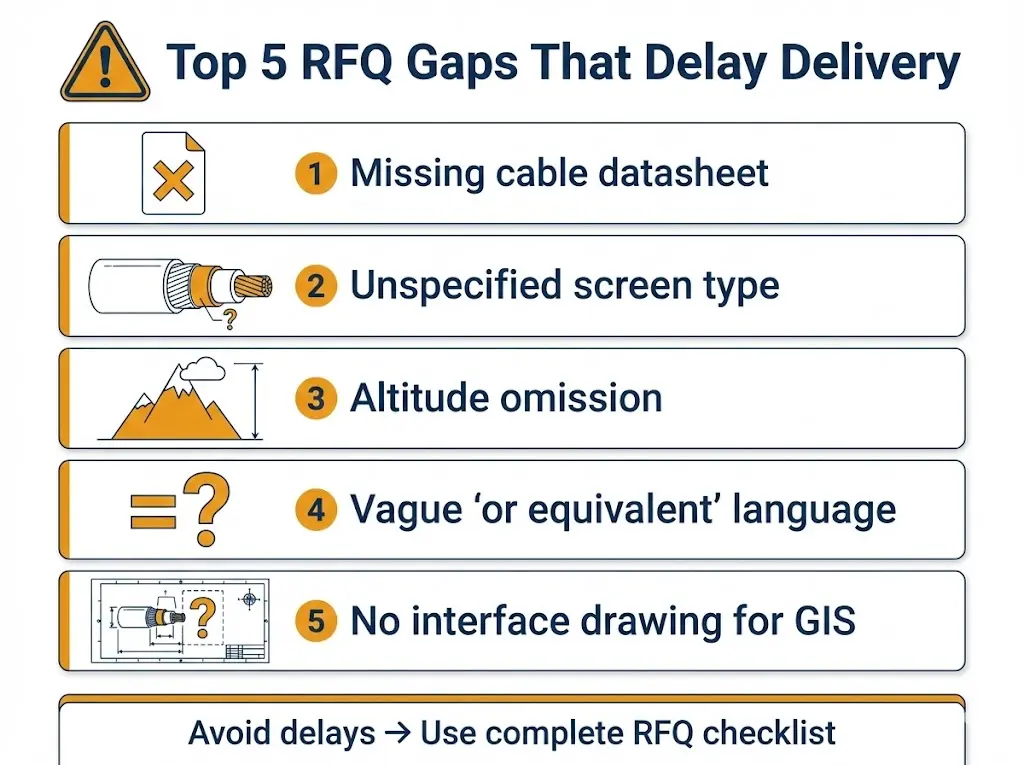 Les cinq principales lacunes de l'appel d'offres à l'origine des retards dans les projets d'accessoires de câbles, notamment l'absence de fiche technique, l'omission d'une altitude d'écran non spécifiée, l'équivalence vague, l'absence de dessin d'interface