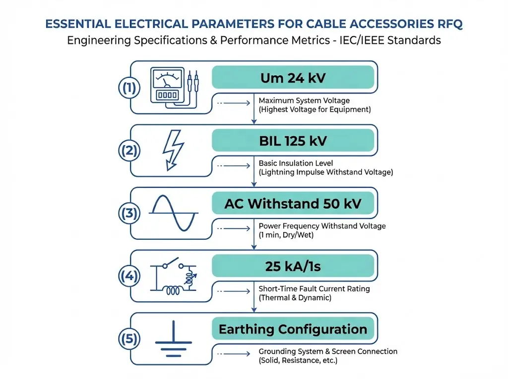 Cinq paramètres électriques essentiels pour l'appel d'offres relatif aux accessoires de câble, notamment la tension du système, le BIL, la résistance à l'alternatif, la capacité de court-circuit et la configuration de la mise à la terre.