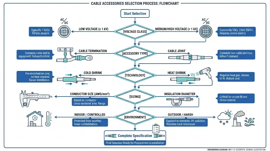 Diagrama de flujo de selección de accesorios para cables con cinco factores para la clase de tensión, el tipo de tecnología y los requisitos medioambientales.