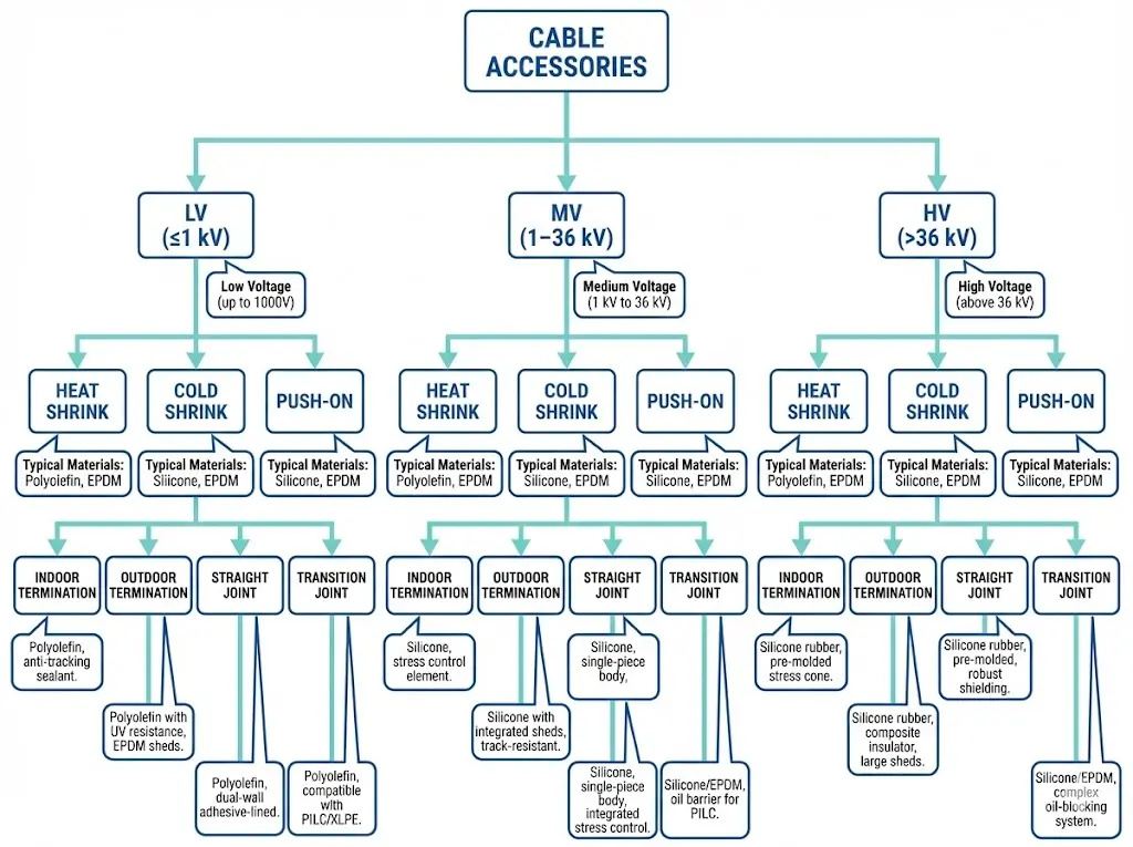 Diagrama jerárquico que muestra la clasificación de los accesorios para cables por nivel de tensión y tipo de tecnología, incluidas las categorías BT MT AT