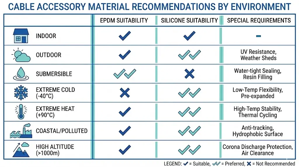 Matriz de selección medioambiental para accesorios de cables que muestra las recomendaciones de materiales de EPDM y silicona en condiciones de temperatura, humedad y altitud.