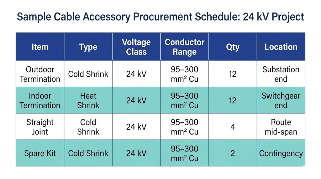 Exemple de tableau des quantités d'accessoires de câble pour un projet de 24 kV indiquant les terminaisons, les joints et les kits de rechange avec la classe de tension et les spécifications du conducteur.