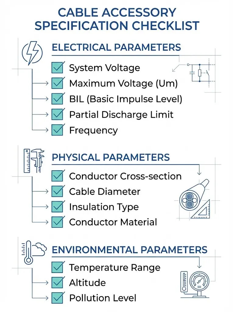 Infografik mit einer 12-Punkte-Checkliste zur Spezifikation von Kabelzubehör, die elektrische, physikalische und umweltbezogene Parameter für die Beschaffung abdeckt
