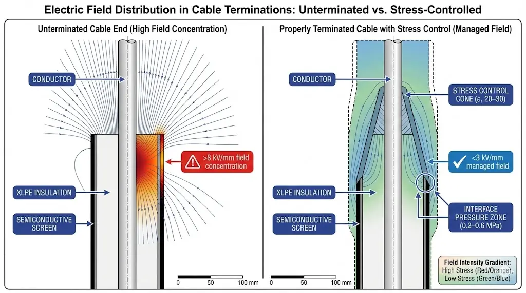 Comparación de la sección transversal de la distribución del campo eléctrico en el extremo del cable sin terminación frente a la terminación del cable con cono de control de tensión