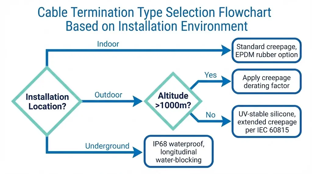 Organigramme de décision pour la sélection du type de terminaison de câble en fonction de l'environnement d'installation, y compris les considérations d'intérieur, d'extérieur, de souterrain et d'altitude