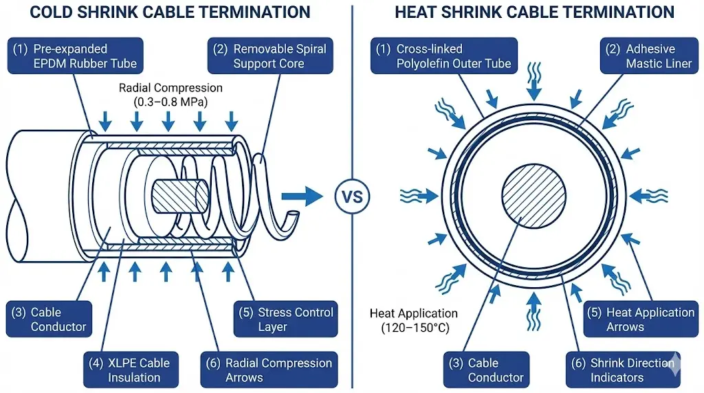 탈착식 코어를 사용한 냉수축 EPDM 터미네이션과 접착식 라이너를 사용한 열수축 폴리올레핀 터미네이션의 단면 비교