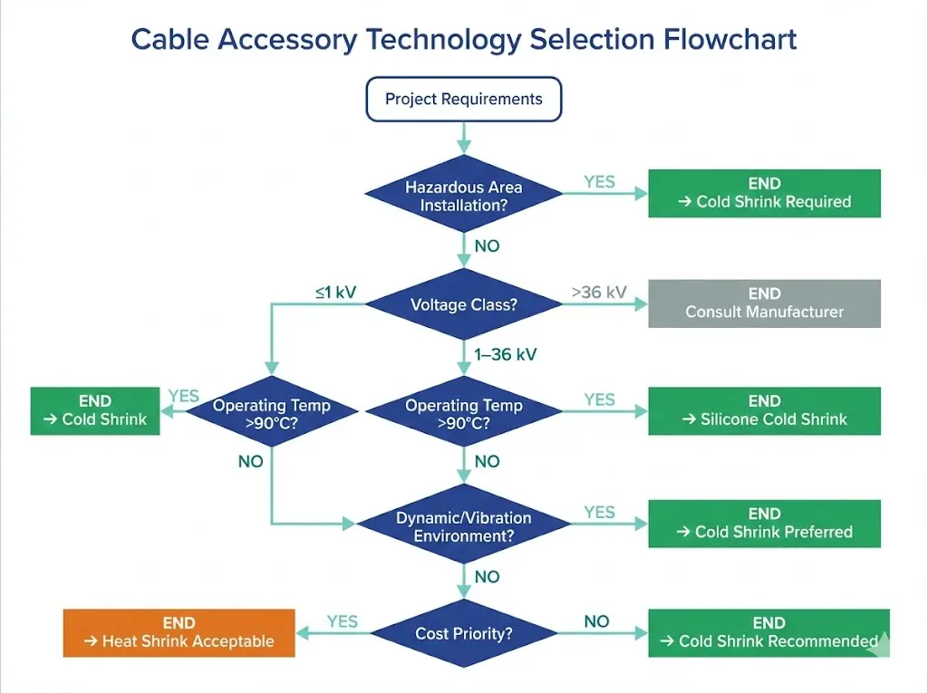 환경, 전압, 온도 및 비용 요소에 따라 냉수축 또는 열수축 케이블 액세서리를 선택하기 위한 엔지니어링 의사 결정 순서도