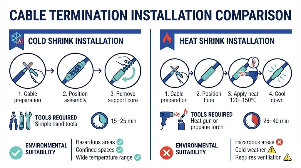 냉간 수축 무화염 공정과 열 수축 토치 적용을 도구 및 시간 요구 사항과 함께 보여주는 설치 비교 인포그래픽