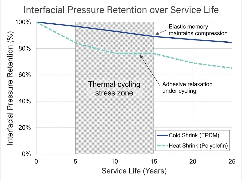 열 사이클에서 냉수축 EPDM과 열수축 폴리올레핀의 25년 사용 수명 동안 계면 압력 유지력을 비교한 그래프