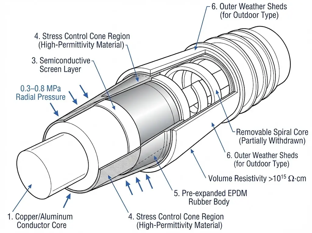 Diagrama de la sección transversal de la terminación del cable retráctil en frío que muestra el cono de control de tensión del tubo de caucho EPDM y las zonas de compresión radial