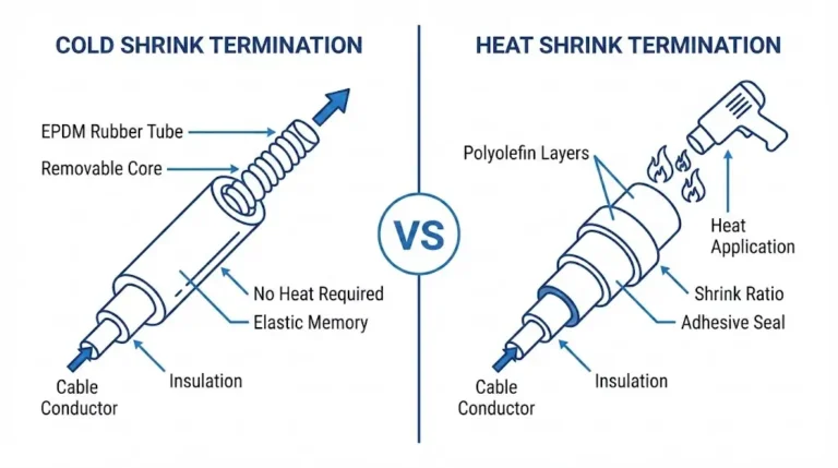 Cold shrink vs heat shrink cable accessories comparison showing EPDM elastic recovery and polyolefin thermal shrink mechanisms