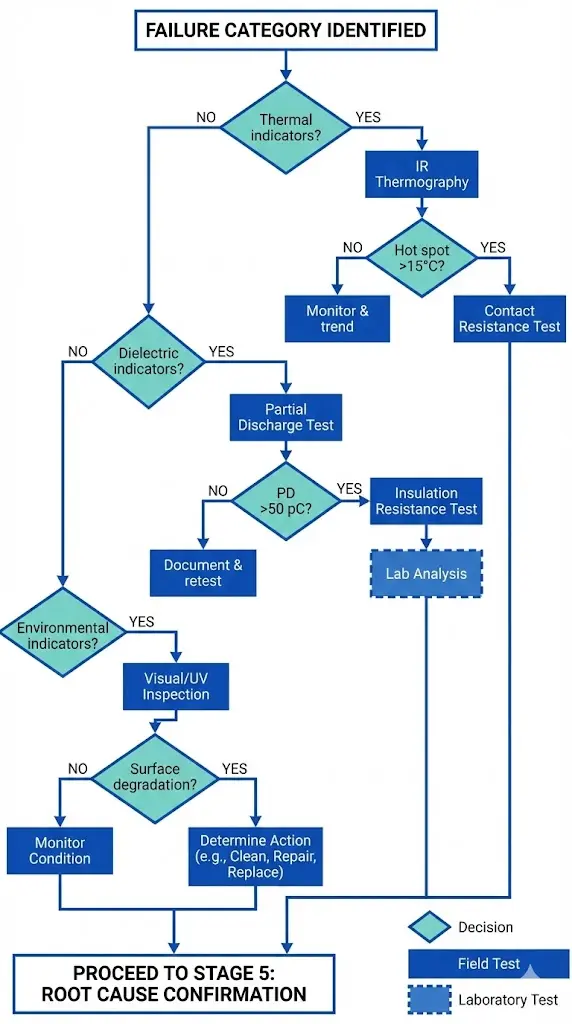 Diagnostic test selection decision tree matching thermal, dielectric, and environmental failure categories to appropriate field tests