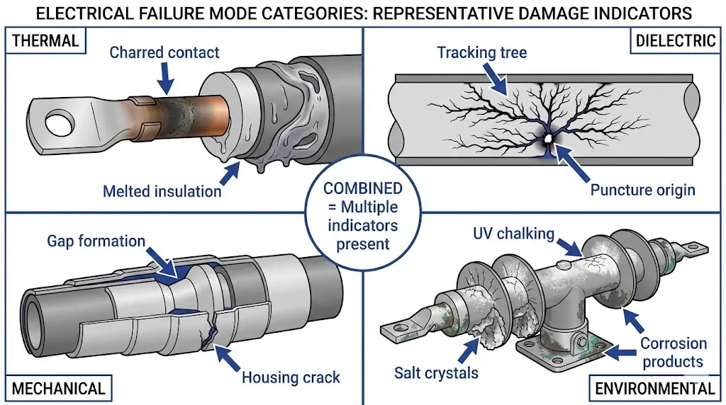 Failure mode classification matrix showing thermal, dielectric, mechanical, and environmental damage patterns in electrical accessories