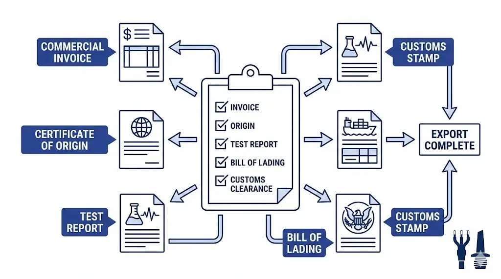 Export documentation checklist for electrical accessories showing commercial invoices, test certificates, HS codes, and shipping documents flow