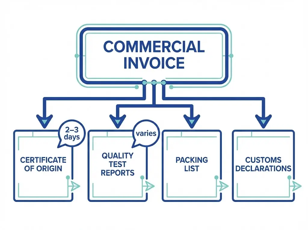 Export documentation hierarchy flowchart showing commercial invoice branching to certificate of origin, test reports, packing list, and customs declarations