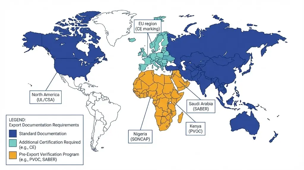 World map showing regional export documentation requirements for electrical accessories including SONCAP, SABER, PVOC, and CE marking zones