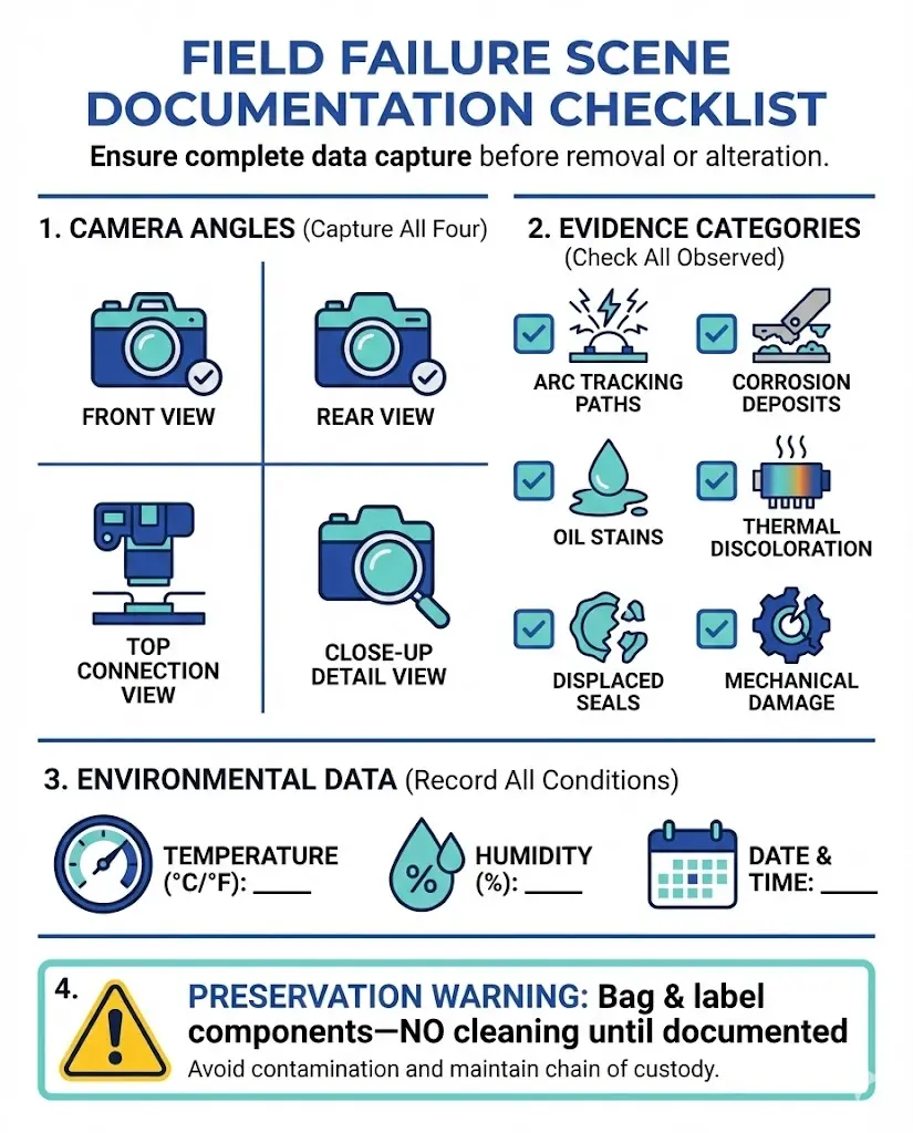 Field failure scene documentation checklist showing four photo angles and six evidence categories for systematic diagnosis