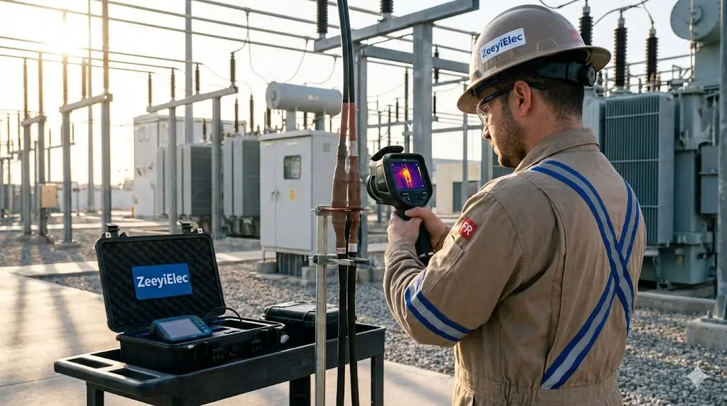 Field engineer using infrared camera to diagnose cable termination failure at medium-voltage substation installation