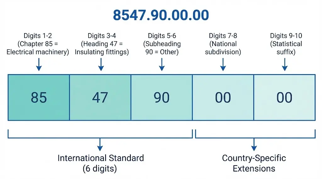 HS code structure diagram showing six-digit international classification and country-specific extensions for electrical accessories like cable terminations