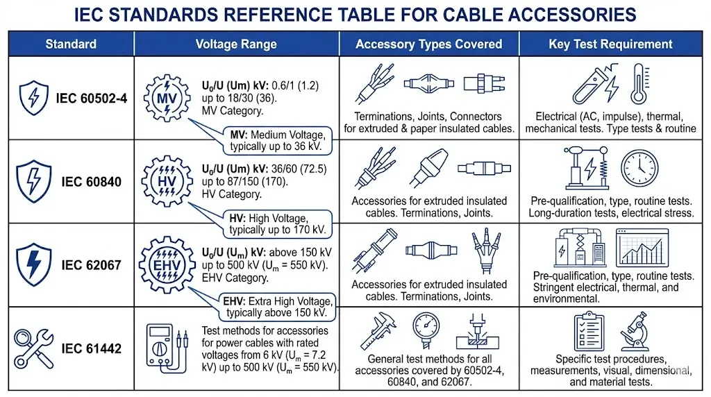 Referenztabelle der IEC-Normen für Kabelzubehör zur Zuordnung von IEC 60502-4, 60840, 62067 und 61442 zu Spannungsklassen und Prüfanforderungen