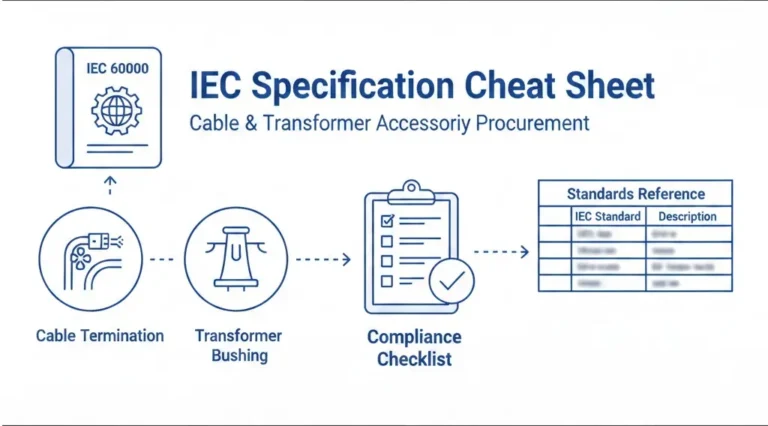 IEC specification cheat sheet for cable and transformer accessory procurement featuring standards reference table and parameter checklist