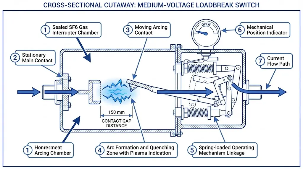 SF6 வளைவு அறை, முக்கியத் தொடர்பாடிகள், வளைவுத் தொடர்பாடிகள் மற்றும் இயக்க அமைப்பு இணைப்பு ஆகியவற்றைக் காட்டும் சுமைவெட்டு சுவிட்ச் குறுக்குவெட்டு வரைபடம்