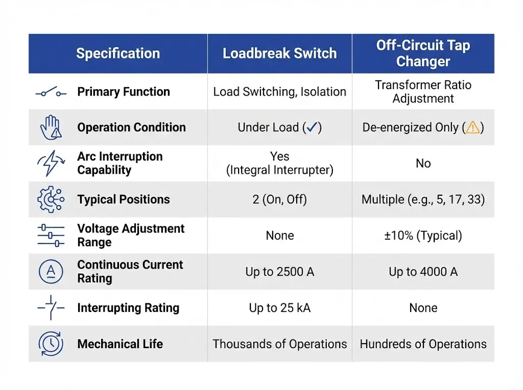 சுமை பிரிப்பு சுவிட்ச் மற்றும் சுற்றுப்புறமற்ற டேப் மாற்றி மதிப்பீடுகளை, மின்னோட்டம், நிலைகள் மற்றும் இயந்திர ஆயுள் உள்ளிட்டவை காட்டும் விவரக்குறிப்பு ஒப்பீட்டு அட்டவணை.