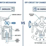 Loadbreak switch versus off-circuit tap changer comparison diagram showing arc interruption and voltage adjustment mechanisms