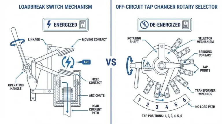 Loadbreak switch versus off-circuit tap changer comparison diagram showing arc interruption and voltage adjustment mechanisms