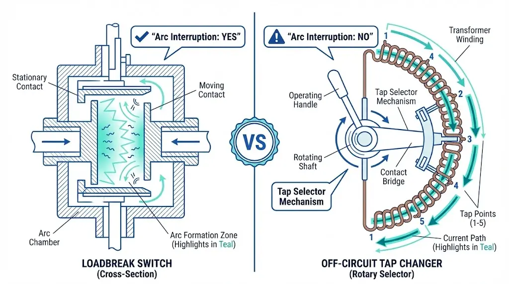 லோட்பிரேக் சுவிட்ச் வளைவு அறை மற்றும் ஆஃப்-சர்க்யூட் டேப் சேஞ்சர் சுழற்சித் தேர்வான் அமைப்பு ஆகியவற்றை ஒப்பிடும் பக்கத்துக்கருகிலான வரைபடம்