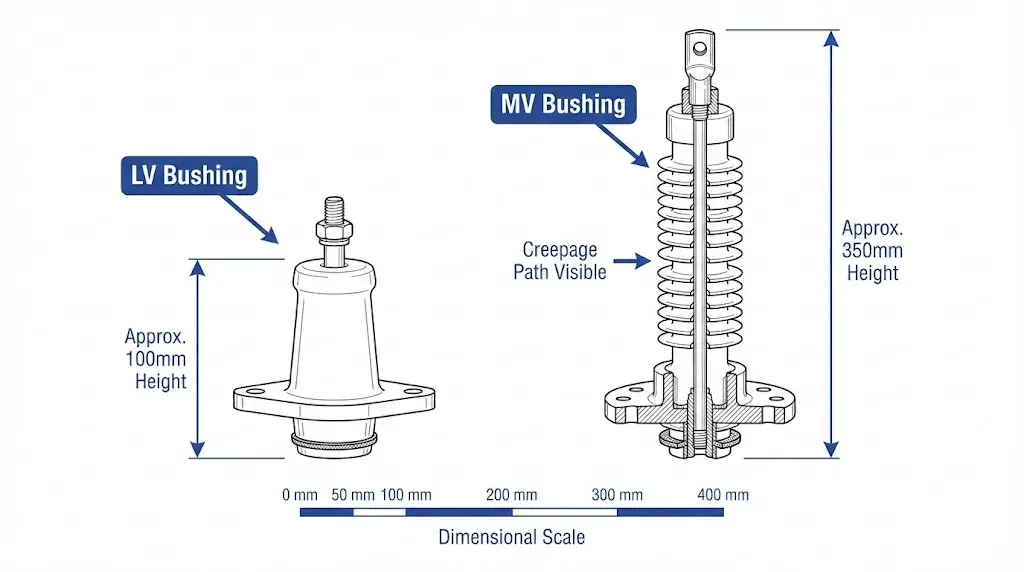 LV bushing vs MV bushing side-by-side comparison showing compact low-voltage design versus taller medium-voltage bushing with weather sheds