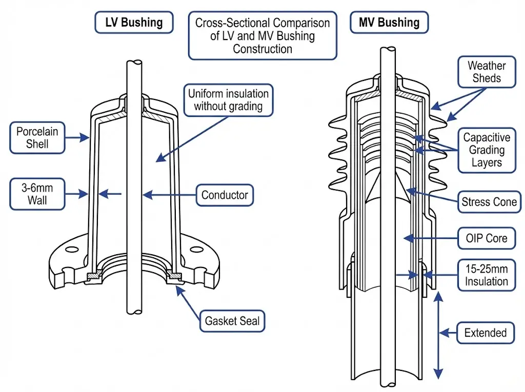 Cross-section diagram of LV bushing simple single-layer construction compared to MV bushing with capacitive grading layers and stress cone