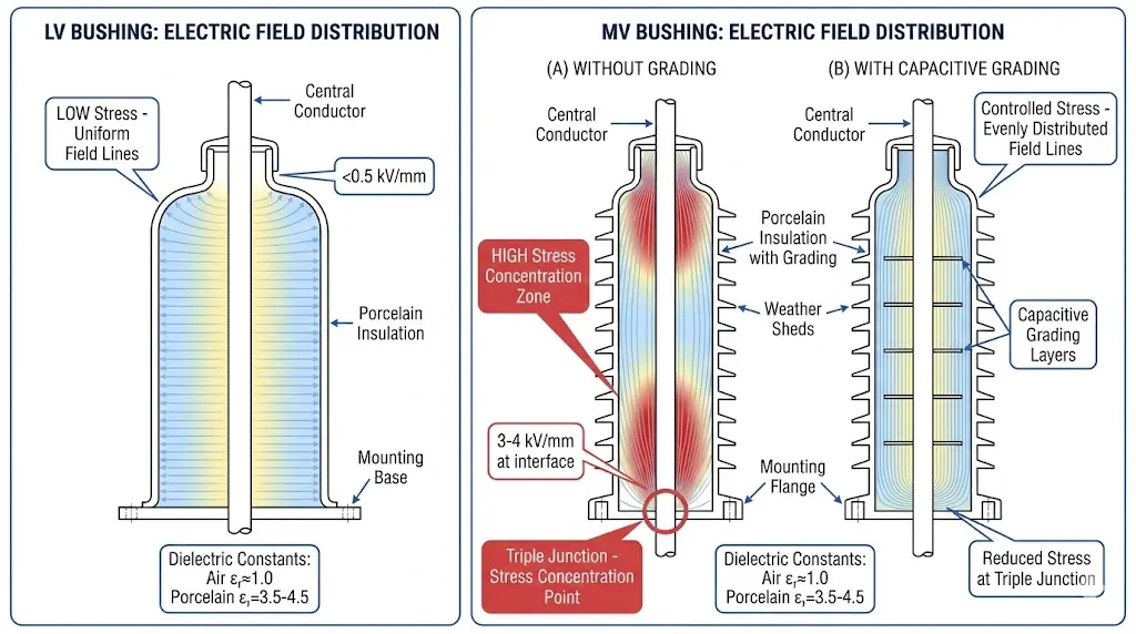 Electric field distribution showing uniform low stress in LV bushing versus triple junction stress concentration in MV bushing requiring capacitive grading
