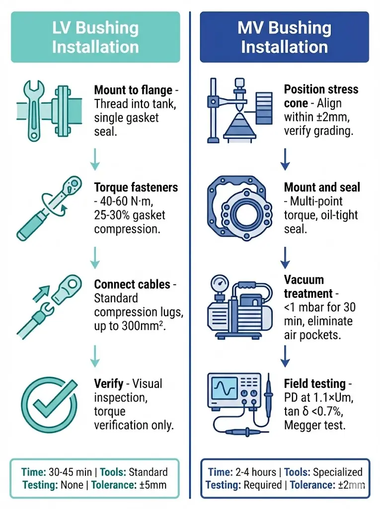 Installation procedure comparison showing LV bushing 30-45 minute simple process versus MV bushing 2-4 hour process with stress cone positioning and field testing