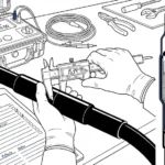 MV cable accessories installation quality control inspection with calipers measuring termination and megger testing equipment in workshop setting