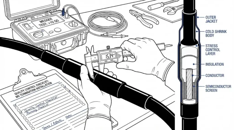 MV cable accessories installation quality control inspection with calipers measuring termination and megger testing equipment in workshop setting