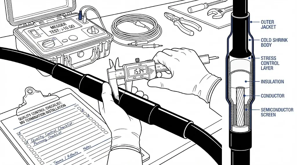 MV cable accessories installation quality control inspection with calipers measuring termination and megger testing equipment in workshop setting