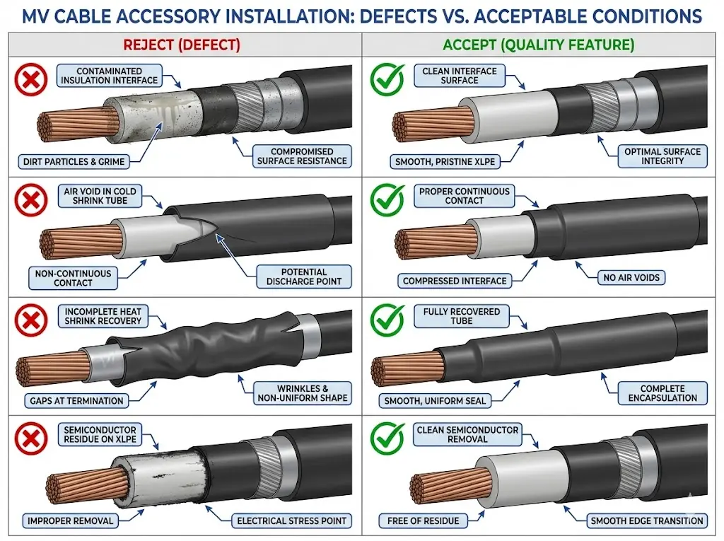 Comparison grid showing four common MV cable installation defects alongside acceptable conditions including contamination voids and incomplete shrink