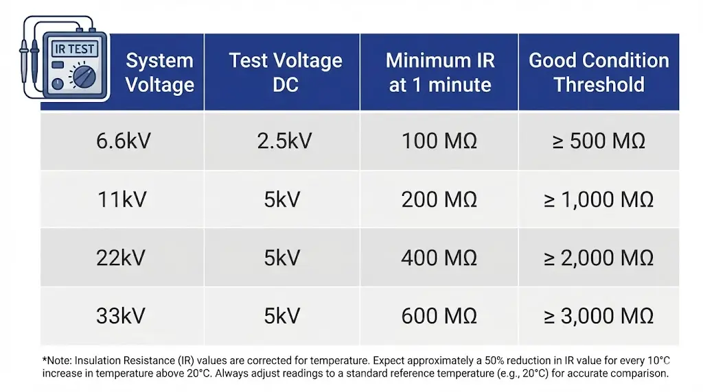 Insulation resistance test parameters table for MV cable accessories showing test voltage and minimum IR values for 6.6kV to 33kV systems