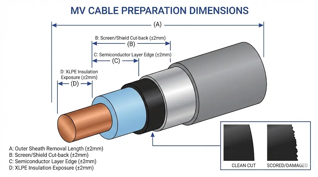 MV cable preparation dimensions diagram showing sheath removal screen cut-back semiconductor edge and insulation exposure measurements with tolerances
