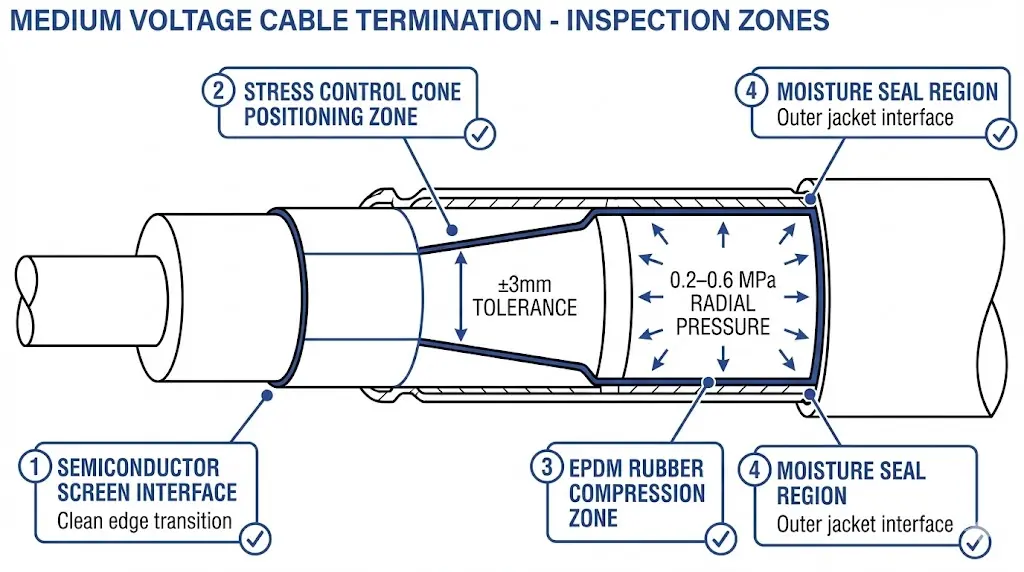 MV cable termination cross-section showing four quality-critical zones including semiconductor interface stress cone and EPDM compression areas