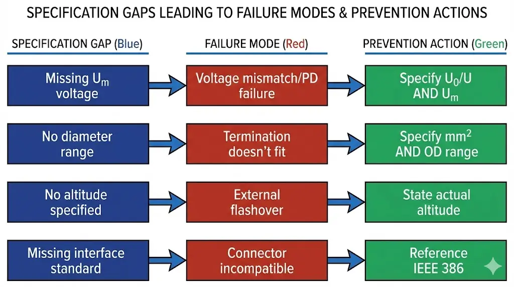 Flussdiagramm, das zeigt, wie Spezifikationslücken bei Spannung, Durchmesser, Höhe und Schnittstellenstandards zu Fehlern bei der Beschaffung von Kabelzubehör führen
