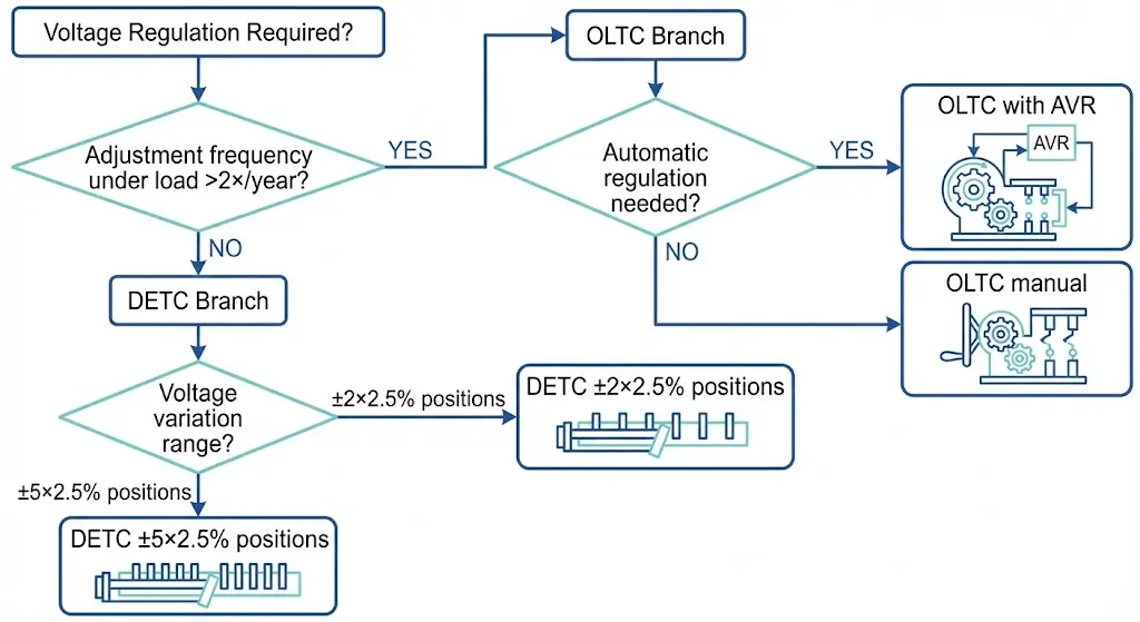 Decision flowchart for selecting between off-circuit DETC and on-load OLTC tap changers based on adjustment frequency and voltage range