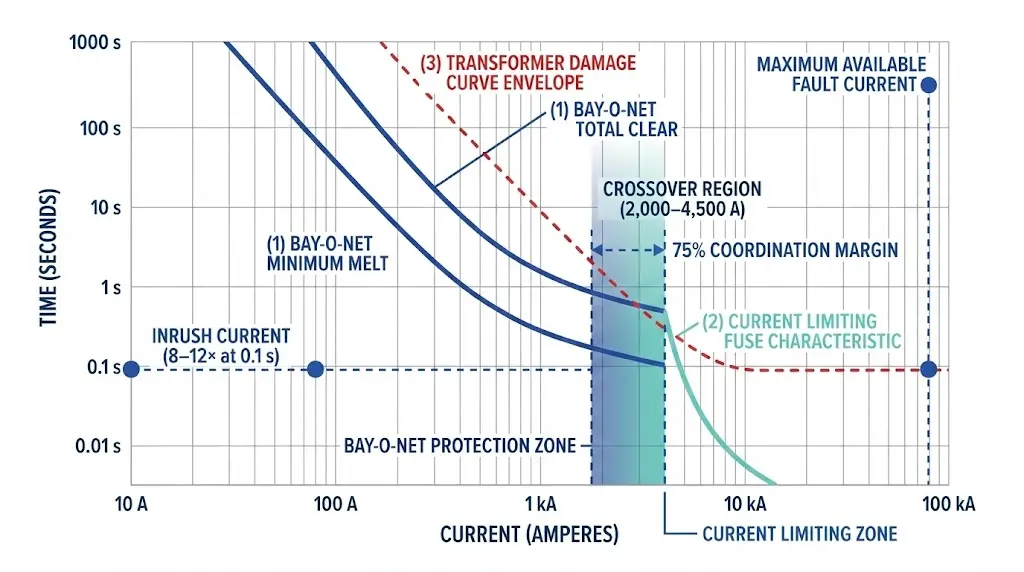 Courbes de coordination TCC montrant la zone des fusibles Bay-O-Net, la zone des fusibles à limitation de courant et la zone de croisement 2 000-4 500 A