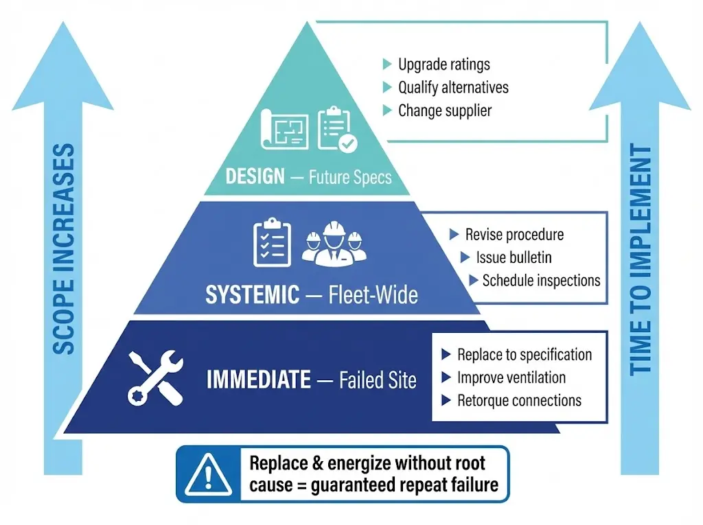 Three-tier corrective action pyramid showing immediate, systemic, and design-level responses to prevent repeat field failures