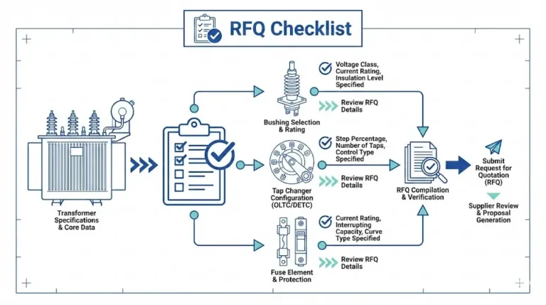 Transformer accessories RFQ checklist infographic showing procurement workflow for bushings tap changers and fuses